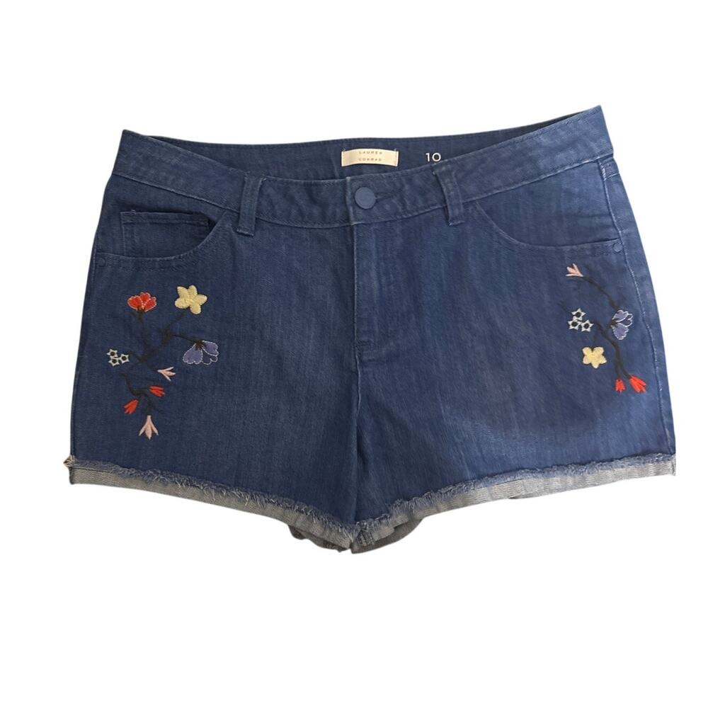 Lauren Conrad Floral Embroidered‎ Denim Cutoff Shorts Blue Wash Coquette Size 10